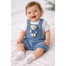 Maxi İdol Yazlık Unisex Bebek Denim 2’li Takım - Ayı Aplikeli Cepli Salopet ve Beyaz Bluz