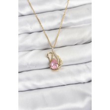 Enco Store 316L Çelik Zincir Gold Renk Pembe Kuğu Model Zirkon Taşlı Kadın Kolye