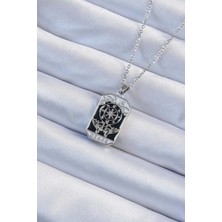 Enco Store 316L Çelik Zincir Gümüş Renk Işlemeli Siyah Mineli Tarot Kolye