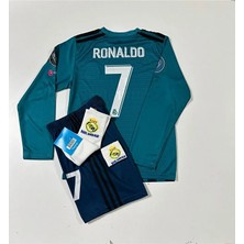 Real Madrid 2018 Cristiano Ronaldo Turkuaz Röveşata Uzun Kol Çocuk Forması (Armalı Set)
