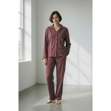 Kadın Bordo Pötikare Desenli Süet Dokulu Yumuşak Kışlık Pijama Takımı