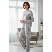 Pamuklu Ayı Figürlü Yumuşak Dokulu Uzun Kollu Kışlık Kadın Pijama Takımı