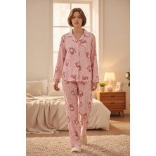Kedi Baskılı Düğmeli Süet Soft Dokulu Uzun Kollu Kışlık Kadın Pijama Takımı
