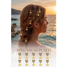 Invictus Design Kadın Gold Deniz Yıldız Model Sallantılı Saç Küpesi Charm Saç Tokası Saç Yüzük Örgü Aksesuar 10'lu Set