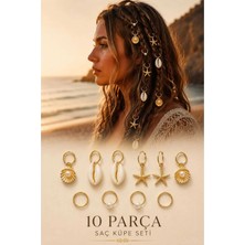Invictus Design Kadın Gold Yıldız Deniz Kabuk Istiridye Incili Halka Model Saç Küpesi Charm Saç Tokası Saç Yüzük Figürlü Örgü Küpe Aksesuar 10'lu Set