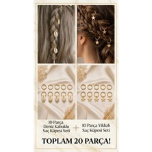 Invictus Design Kadın Gold Yıldız ve Deniz Kabuğu Halka Model Saç Küpesi Charm Saç Tokası Saç Yüzük Örgü Aksesuar 20 Parça 2'li Set