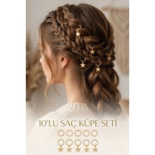 Invictus Design Kadın Gold Yıldız Desenli Metal Aksesuar 10'lu Set Charm Saç Küpesi