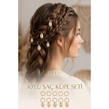 Invictus Design Kadın Gold Deniz Kabuğu Istiridye Halka Model Saç Küpesi Charm Saç Tokası Saç Yüzük Örgü Aksesuar 10'lu Set
