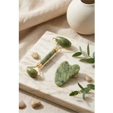 Invictus Design Unisex Yeşil Yüz Bakım Taş Doğal Taş Yeşim Face Roller ve Yeşim Kalp Gua Sha & Jade Roller Yüz Masaj Aleti
