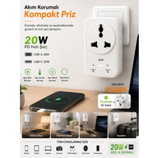 Azurtech 2500W Akım Korumalı Priz 1 Soket 1 USB 1 Type-C Evrensel Çoklu Priz Şarj Adaptörü Güç Koruyucu Tv