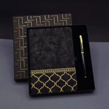 Zenviaa Gold Desen Siyah Deri Defter Kalem Set ZNV2412