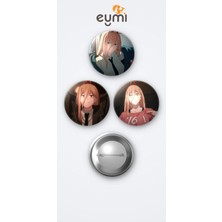 Eymi Design Chainsaw Man Power 3'lü Metal Rozet Seti 58MM Iğneli Buton Çanta Yaka Rozeti