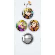 Eymi Design Jojo Animesi Giorno Giovanna 3'lü Metal Rozet Seti 58MM Iğneli Buton Çanta Yaka Rozeti
