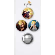 Eymi Design One Piece Sanji 3'lü Metal Rozet Seti 58MM Iğneli Buton Çanta Yaka Rozeti