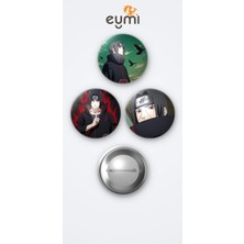 Eymi Design Naruto Itachi Uchiha 3'lü Metal Rozet Seti 58MM Iğneli Buton Çanta Yaka Rozeti