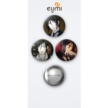 Eymi Design Kara Kahya ( Black Butler ) Animesi Sebastian Michaelis Anime 3'lü Metal Rozet Seti 58MM Iğneli Buton Çanta Yaka Rozeti