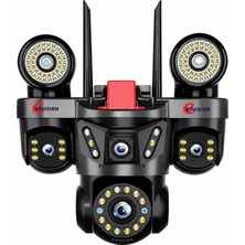 Ukron 3 Kameralı 3 Lens Wifi Kamera Icsee Türkçe Uygulama IP66 Su Geçirmez Projektörlü Gece Aydınlatma