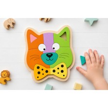 IdeaFabric Avelith Ahşap Kedi Yüzü Puzzle Papyonlu Kalın Parçalı Bebek Yapboz Montessori Oyuncak 1-4 Yaş