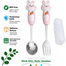 Jojobebek Tavşan Paslanmaz Çelik Tavşan Figürlü Bebek Çatal Kaşık Seti – Bpa Içermez, Silikon Saplı, Saklama Kutulu