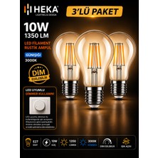 Avarson (3 Adet) HEKA 10W Günışığı (3000K) E27 Duylu dim Edilebilir LED Rustik Ampul