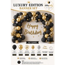 Deha Parti  Happy Bırthday Yazısı Gold Konfetili 57 Adet Siyah Gümüş Gold  Balon Parti Konsepti Doğum Günü Seti Süs