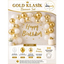 Deha Parti Happy Bırthday Yazı Gold Konfetili 34 Adet Balon Beyaz Gold Balon Parti Doğum Günü Seti
