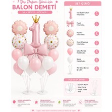 Deha Parti Pembe Doğum Günü Seti Fiyonklu Folyo 1 Yaş Retro Konsept Balon Kutlama Eğlence