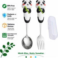 Jojobebek Panda Paslanmaz Çelik Tavşan Figürlü Bebek Çatal Kaşık Seti – Bpa Içermez, Silikon Saplı, Saklama Kutulu