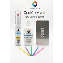 COLORGUARD Opel Chevrolet 40R Olimpik Beyaz İğneli ve Fırçalı 2 si 1 Arada Rötuş Boyası Yüzey Temizleme Solüsyonu Profesyonel ve Çapaksız Rötuş Çeliği 5'li Uygulama Çubuğu Seti