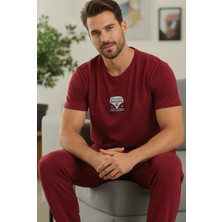 Siyah İnci Koyubordo Kısa Kollu Örme Nakışlı Erkek Pijama Takım 7794