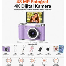 Ayers 48 Mp 4K Dijital Fotoğraf Makinesi, 2.4 Inç Döndürülebilir IPS Flip Ekran, 18X Dijital Zoom, Flaş, Type-C Şarj, 128 GB Microsd Destekli, Türkçe Menü, 64 GB Hafıza Kartı Hediyeli