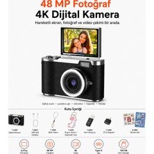 Ayers 48 Mp 4K Dijital Fotoğraf Makinesi, 2.4 Inç Döndürülebilir IPS Flip Ekran, 18X Dijital Zoom, Flaş, Type-C Şarj, 128 GB Microsd Destekli, Türkçe Menü, 64 GB Hafıza Kartı Hediyeli
