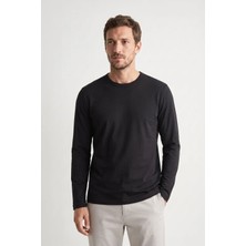 elemge %100 Pamuk Süprem Basic Erkek T-Shirt Compact Penye Tok Yumuşak Kumaş Normal Kalıp Terletmez Uzun Kollu Siyah Sporcu Motorcu Tişört Body
