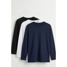elemge %100 Pamuk 3'lü Süprem Basic Erkek T-Shirt Compact Penye Tok Yumuşak Kumaş Normal Kalıp Terletmez Uzun Kollu Sporcu Siyah Beyaz Lacivert Motorcu Tişört Body