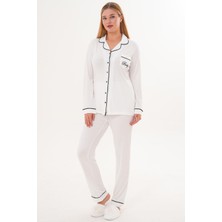 raia  6307 Ekru Boydan Düğmeli Kadın Pijama Takımı
