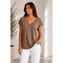Mixxtrend Kadın Ön Arka V Yaka Vizon Renk Extra Soft Pamuklu T-Shirt