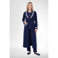 raia  6391 Lacivert %100 Pamuk Kadın Büyük Beden Uzun Sabahlıklı Pijama Takımı