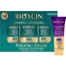 Bioxcin Keratin & Argan Özlü Onarıcı Şampuan Seti 3 x 300 ml + Hacim Verici Kolajen & Biotin Saç Kremi