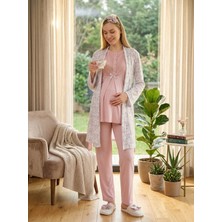LOHUSSA Yeni Sezon Pudra Yazlık Desenli Şal Yaka Kısa Kol Düğmeli Hamile Lohusa Sabahlık Pijama Takım Seti