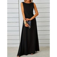 Lune Store Kadın Kolsuz Kayık Yaka Maksi Janjan Krep Elbise
