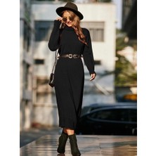 Lune Store Kadın Uzun Kollu Boğazlı Midi Boy Triko Elbise (Kemersiz)