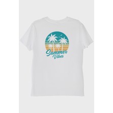 Lofux Summer Vibes Baskılı Tropik Plaj Tasarımlı Beyaz Tişört