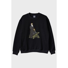 Lofux Kaplumbağa Darvin Baskılı Bilimsel Siyah Bisiklet Yaka Sweatshirt