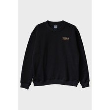 Lofux Tesla Slogan Siyah Bisiklet Yaka Sweatshirt