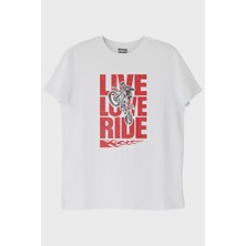 lofux Live Love Ride Baskılı Motosiklet Beyaz Tişört