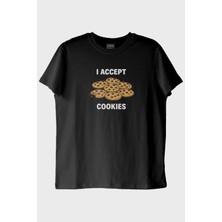 lofux I Accept Cookies Baskılı Mizahi Siyah Tişört