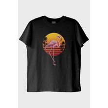 lofux Retro Flamingo Baskılı Siyah Tişört