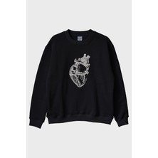 Lofux Kalp Anatomi Çizimli Minimalist Baskılı Siyah Bisiklet Yaka Sweatshirt