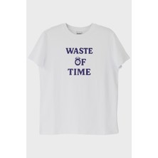 lofux Waste of Time Baskılı Minimalist Beyaz Tişört