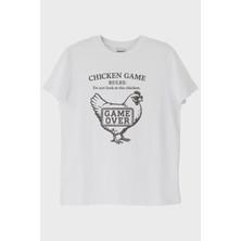 lofux Chicken GAME Tavuk Tasarımlı Baskılı Beyaz Tişört